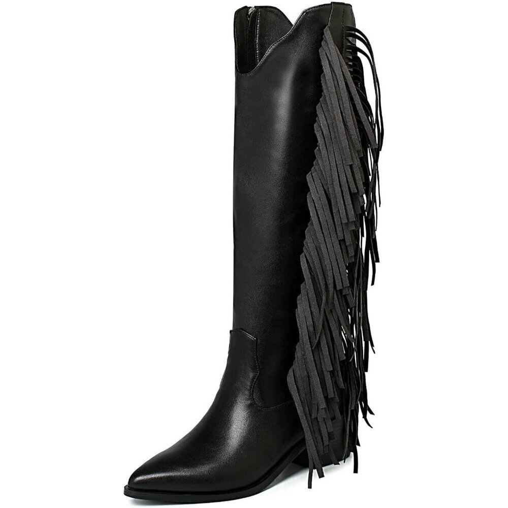 Women Black Synthetic Fringe Tassels Pointed Toe Knee High Western Cowgirl Boots